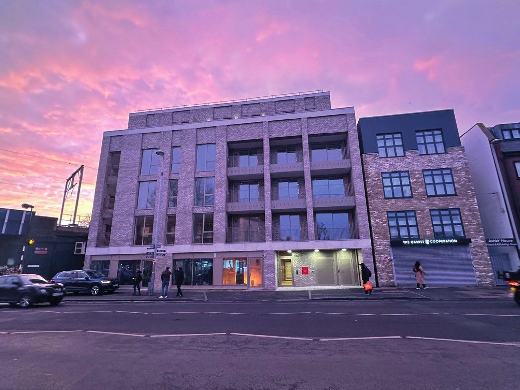 Leyton High Road building at dusk, E10